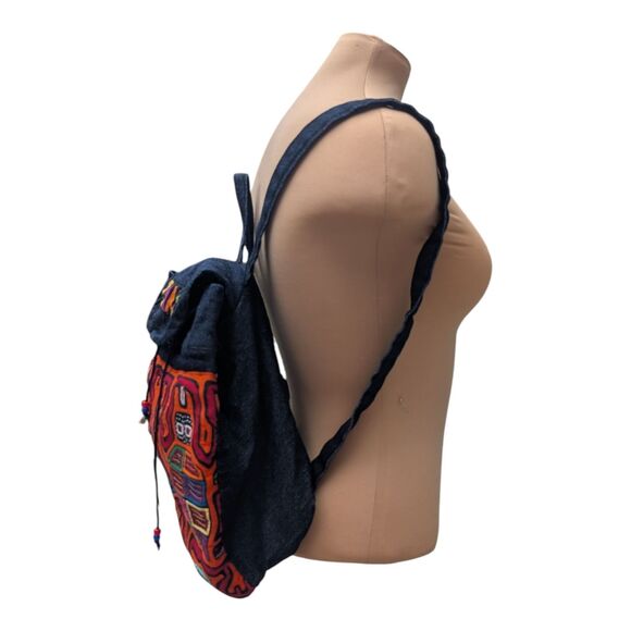 Panama KUNA MOLA Colorful Two Frogs Folk Art Hand Sewn Denim backpack Boho Artsy - Picture 2 of 8